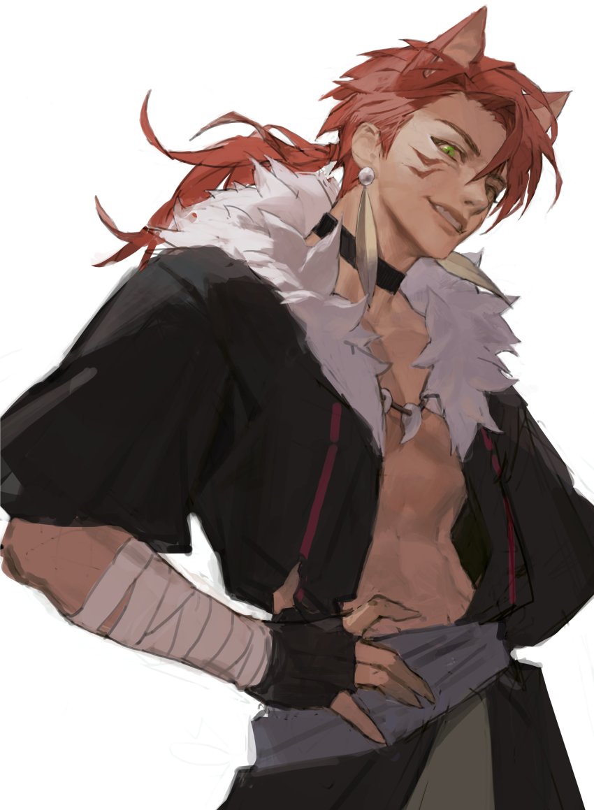 1boy, abs, absurdres, animal_ears, cat_boy, cat_ears, dark-skinned_male, dark_skin, green_eyes, highres, lord_of_heroes, male_focus, marking_on_cheek, markings, muscular, muscular_male, mutt_109, ponytail, red_hair, ricardo_(lord_of_heroes), solo, topless_male
