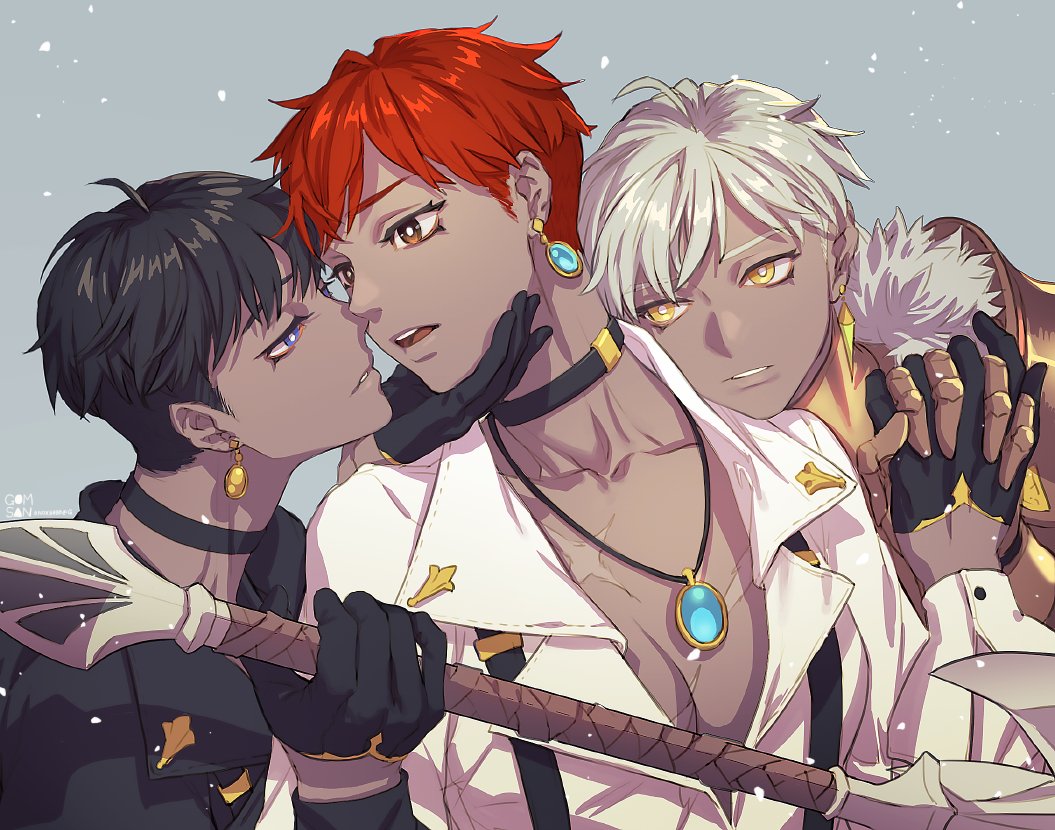 3girls, androgynous, black_hair, blue_eyes, brown_eyes, dark-skinned_female, dark_skin, earrings, jewelry, looking_at_another, lord_of_heroes, multiple_girls, oollnoxlloo, red_hair, short_hair, silver_hair, yellow_eyes, zaira_(earth), zaira_(fire), zaira_(light), zaira_(lord_of_heroes)