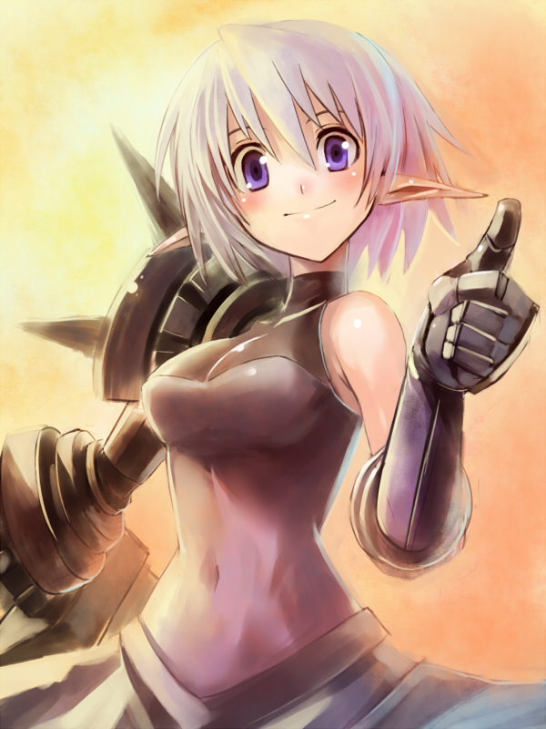 1girl, armor, artemisia_(pixiv_fantasia), blue_eyes, blush, edobox, elf, female_focus, gauntlets, original, pixiv_fantasia, pixiv_fantasia_2, pointy_ears, purple_eyes, short_hair, silver_hair, skin_tight, solo, spikes, thumbs_up