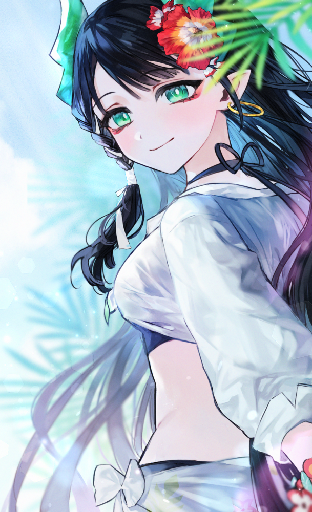 1girl, black_hair, dragon_girl, dragon_horns, earrings, flower, green_eyes, green_horns, hair_flower, hair_ornament, horns, jewelry, lairei_yen, lairei_yen_(earth), looking_at_viewer, lord_of_heroes, ocer, pale_skin, pointy_ears