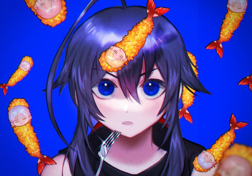 1girl, black_hair, blue_background, blue_eyes, dan123, drooling, food, fork