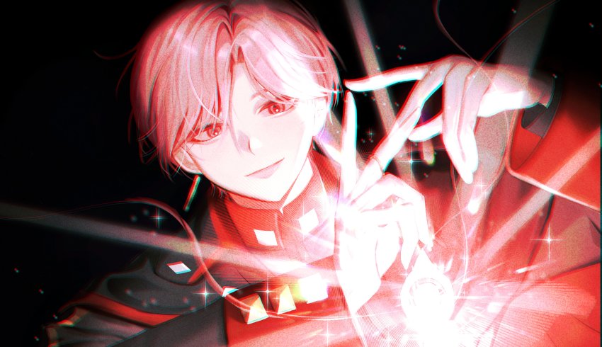 1boy, absurdres, dan123, earrings, highres, jewelry, joshua_levinth, joshua_levinth_(fire), looking_at_viewer, looking_down, lord_of_heroes, magic, male_focus, pale_skin, pink_eyes, pink_hair, solo