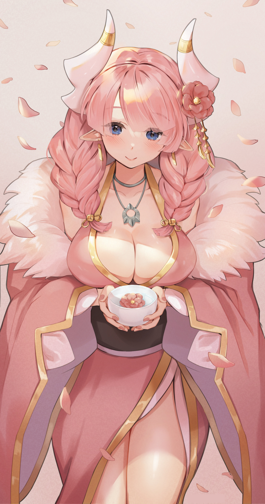 1girl, absurdres, blue_eyes, blush, braid, breasts, dragon_girl, dragon_horns, flower, hair_flower, hair_ornament, highres, horns, lairei_yen, lairei_yen_(light), laon, large_breasts, looking_at_viewer, lord_of_heroes, pale_skin, pink_hair, pointy_ears, revealing_clothes, solo, thick_thighs, thighs, traditional_clothes, twin_braids, white_horns