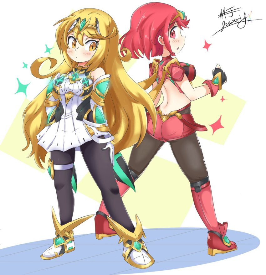 2girls, ass, back-to-back, bare_shoulders, black_gloves, blonde_hair, blush, bob_cut