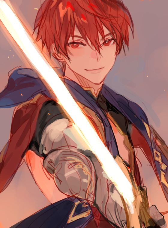 1boy, armor, fighting_stance, holding, holding_weapon, johan_talede, johan_talede_(fire), kuzuvine, long_sleeves, looking_ahead, lord_of_heroes, male_focus, pale_skin, red_eyes, red_hair, solo, sword, weapon