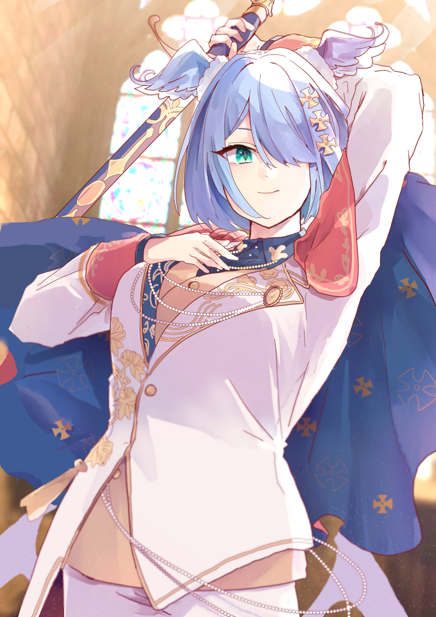 1girl, absurdres, beige_vest, blue_hair, blue_shirt, breasts, collared_shirt, cosplay, elira_pendora, ensemble_stars!, hair_over_one_eye, hand_on_own_chest, highres, holding, holding_sword, holding_weapon, jacket, looking_to_the_side, medium_breasts, muji38, nijisanji, nijisanji_en, one_eye_covered, sakuma_ritsu, sakuma_ritsu_(cosplay), shirt, smile, solo, sword, virtual_youtuber, weapon, white_jacket