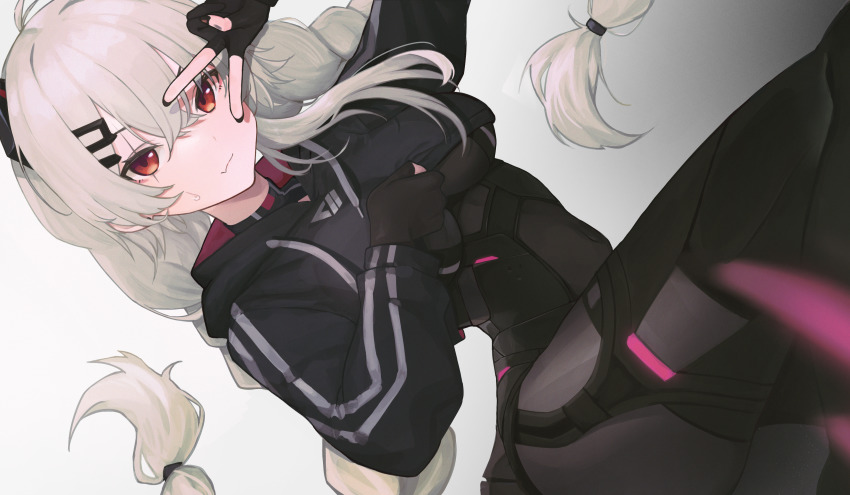 1girl, absurdres, bodysuit, braid, breasts, cropped_hoodie, gloves, grey_hair, highres, hood, hoodie, indie_virtual_youtuber, kevin_lim, partially_fingerless_gloves, red_eyes, saruei_(vtuber), solo, twin_braids, twintails, underboob, v, v_over_eye, virtual_youtuber