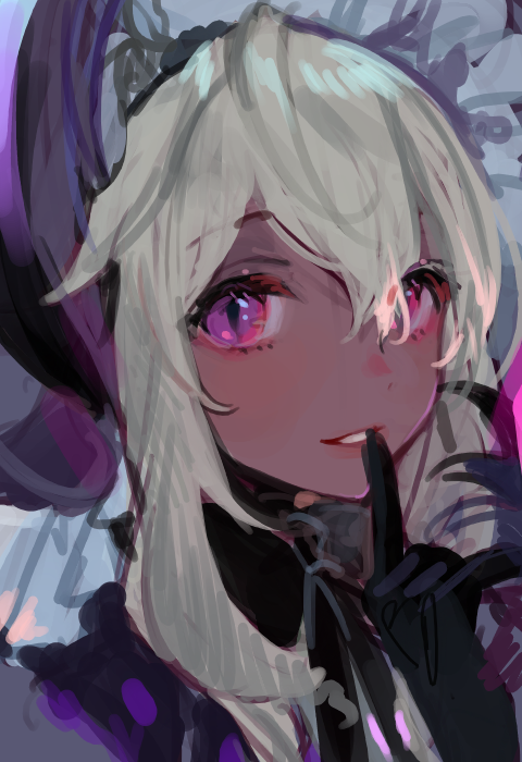 1girl, bonnet, charlotte_grace, charlotte_grace_(dark), dark-skinned_female, dark_skin, finger_to_mouth, gloves, kuzuvine, looking_at_viewer, lord_of_heroes, purple_eyes, shushing, white_hair