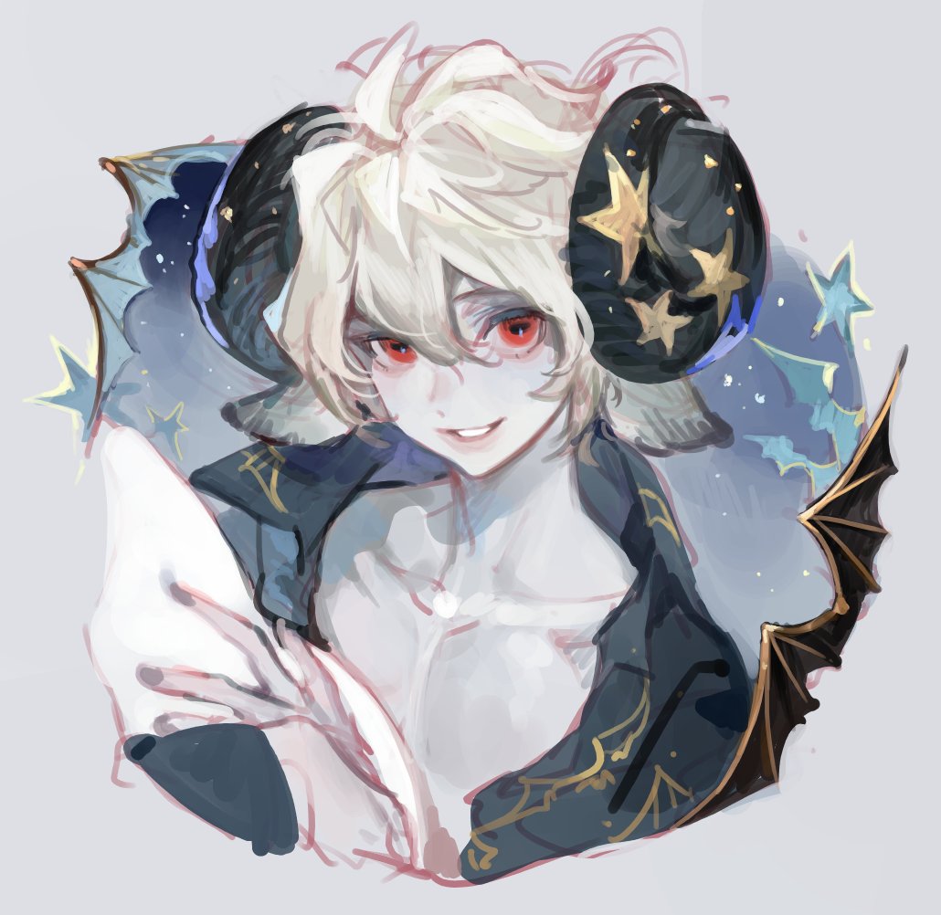 1boy, animal_ears, aries_(lord_of_heroes), colored_skin, horns, kuzuvine, looking_at_viewer, lord_of_heroes, red_eyes, sheep_boy, sheep_ears, sheep_horns, star_(symbol), white_background, white_hair, white_skin