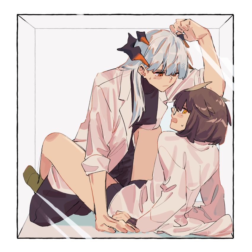 2girls, arknights, black_pants, black_shorts, brown_hair, coat, dragon_horns, feather_hair, glasses, green_legwear, grey_hair, highres, horns, in_cube, long_hair, long_sleeves, looking_at_another, multiple_girls, nervous, open_clothes, open_coat, orange_eyes, owl_ears, pants, saria_(arknights), shirt, short_hair, shorts, silence_(arknights), simple_background, socks, white_background, white_coat, white_shirt, yuri, zy_(zyyyyyyy9)