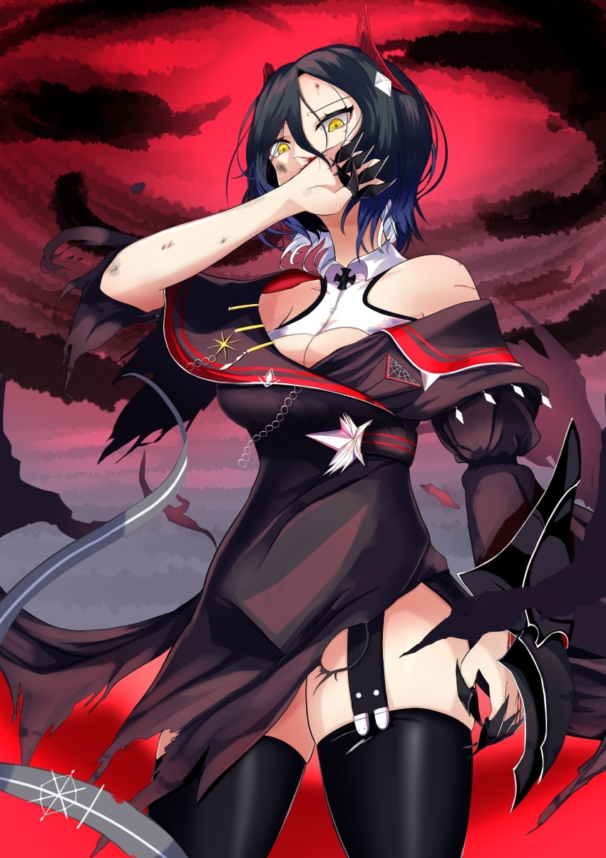 1girl, asymmetrical_clothes, asymmetrical_coat, asymmetrical_sleeves, azur_lane, black_hair, black_thighhighs, blood