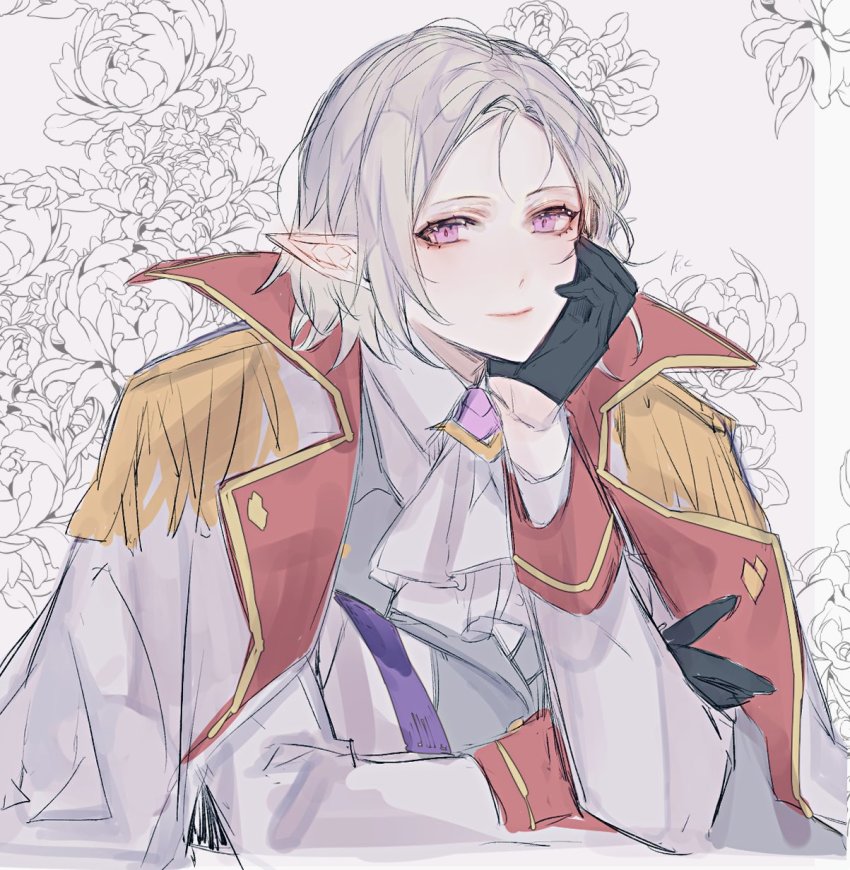 1girl, blonde_hair, elf, floral_background, flower, formal_clothes, gloves, head_rest