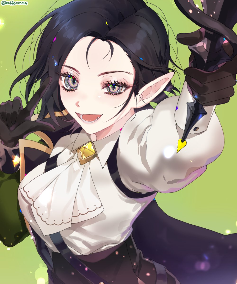 1girl, black_hair, blurry, breasts, depth_of_field, elf, green_background, grey_eyes