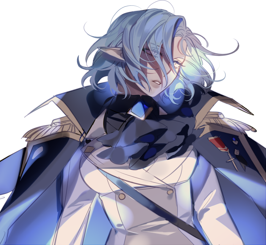 1girl, blue_hair, breasts, cape, elf, formal_clothes, grey_eyes, looking_at_viewer