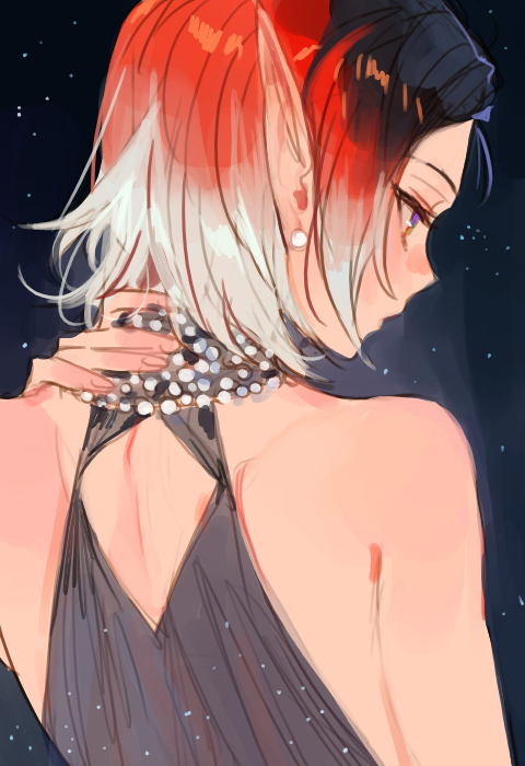 1girl, black_hair, blue_eyes, dress, earrings, elf, facing_away, jewelry, kuzuvine, looking_down, lord_of_heroes, lucilicca_la'elaya, multicolored_hair, pale_skin, pointy_ears, red_hair, revealing_clothes, sky, star_(sky), starry_sky, white_hair