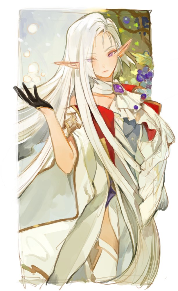 1girl, blonde_hair, dress, elf, flower, formal_clothes, kuzuvine, looking_to_the_side, lord_of_heroes, lucilicca_la'elaya, lucilicca_la'elaya_(dark), pale_skin, pointy_ears, purple_eyes, thighhighs