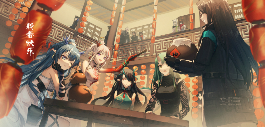 4boys, 6+girls, :d, amiya_(arknights), amiya_(fresh_fastener)_(arknights), animal_ears, arknights, arm_tattoo