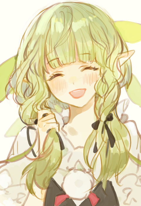 1girl, blush, bow, cannae_le_fey, dress, closed_eyes, green_hair, hair_bow