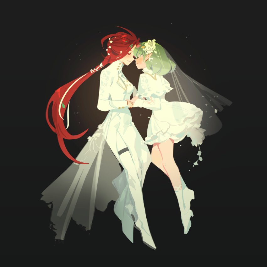 2girls, absurdres, alev_valcarios, alev_valcarios_(fire), bridal_legwear, bridal_veil, dress, elf, closed_eyes, floating, green_hair, height_difference, highres, holding_hands, kuzuvine, leaning_in, long_hair, lord_of_heroes, multiple_girls, pale_skin, pointy_ears, ponytail, red_hair, short_hair, solphi_lebenheit, solphi_lebenheit_(light), veil, wedding_dress