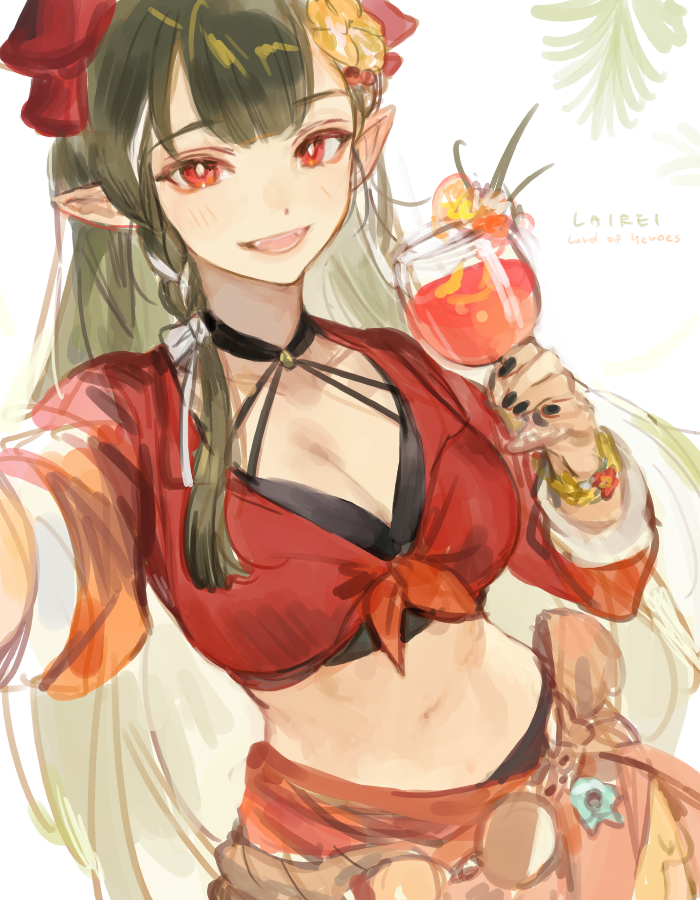 1girl, alcohol, blush, breasts, crop_top, cup, dragon_girl, dragon_horns, green_hair, horns, kuzuvine, lairei_yen, lairei_yen_(fire), large_breasts, long_hair, lord_of_heroes, margarita, midriff, navel, pale_skin, pointy_ears, red_eyes, red_horns