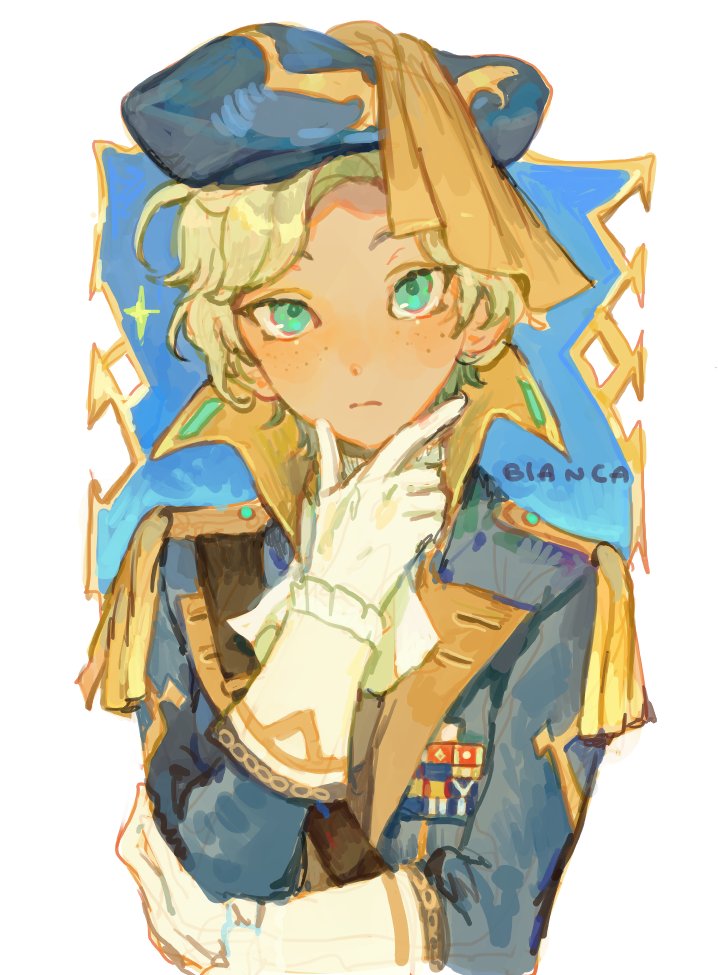 1girl, bianca_devicci, bianca_devicci_(water), blonde_hair, blue_eyes, blue_hat, freckles, gloves, hand_on_own_chin, hat, kuzuvine, looking_at_viewer, lord_of_heroes, military_dress_uniform, military_uniform, pale_skin, pirate_costume, pirate_hat, solo, white_background