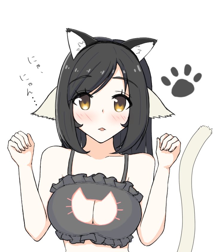 1girl, animal_ears, aquaplus, arms_up, bare_arms, bare_shoulders, black_bra, black_hair, black_lingerie, blush, bra, breasts, cat_cutout, cat_ears, cat_lingerie, cat_tail, cleavage, cleavage_cutout, clothing_cutout, collarbone, crop_top, eyes_visible_through_hair, female_focus, fingernails, frilled_bra, frills, hair_down, hair_over_one_eye, kuon_(utawarerumono), large_breasts, long_hair, looking_at_viewer, midriff, midriff_peek, ongheaven, open_mouth, pale_skin, raised_eyebrows, sidelocks, sleeveless, solo, swept_bangs, tail, translation_request, underwear, underwear_only, upper_body, utawarerumono, utawarerumono:_itsuwari_no_kamen, variations, white_tail, yellow_eyes