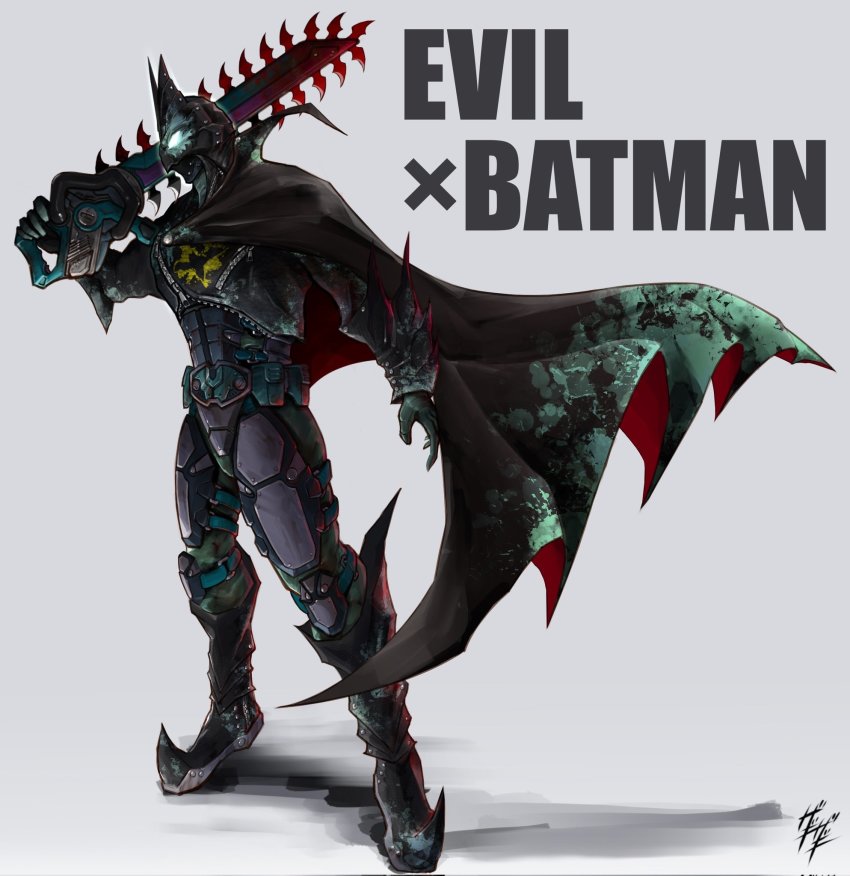 1boy, armor, batman, batman_(series), cape, chainsword, commentary_request, cowl