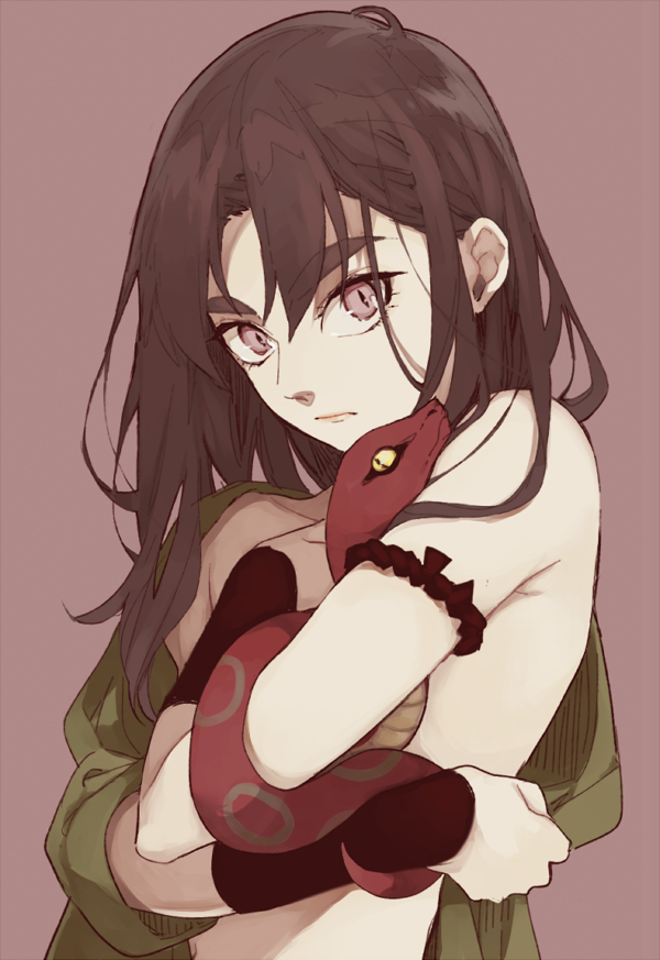 1boy, animal, animal_hug, arm_out_of_sleeve, brown_hair, frown, hair_behind_ear, hug, igasaki_magohei, junko_(nintama), lilypapi, long_hair, looking_at_viewer, male_focus, messy_hair, partially_undressed, rakudai_ninja_rantarou, simple_background, slit_pupils, snake, upper_body, wristband