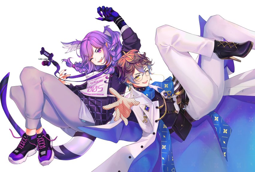 1boy, 1girl, absurdres, black_nails, black_shirt, braid, brown_eyes, brown_hair, capelet, commentary, english_commentary, falling, fishnet_gloves, fishnets, floating_hair, glasses, gloves, highres, ike_eveland, jacket, lanyard, minome, nail_polish, nijisanji, nijisanji_en, one_eye_closed, open_hand, pants, purple_eyes, purple_hair, purple_pants, selen_tatsuki, selen_tatsuki_(1st_costume), shirt, smile, twin_braids, v-shaped_eyebrows, virtual_youtuber, white_background, white_capelet, white_jacket, white_pants