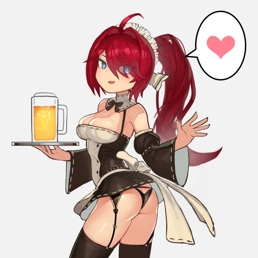 1girl, ahoge, alcohol, bare_shoulders, beer, beer_mug, black_bow, black_panties
