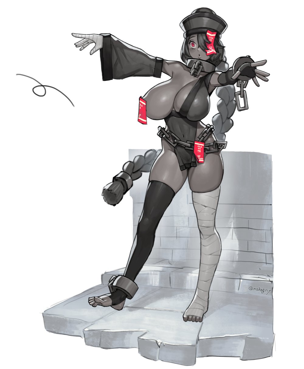 1girl, bandaged_hand, bandaged_leg, bandages, black_gloves, black_hair, black_hat, black_thighhighs, blush, braid, chain, collarbone, colored_skin, commission, covered_erect_nipples, crack, cracked_floor, cuffs, detached_sleeves, fingerless_gloves, gloves, grey_skin, hat, highres, jiangshi, long_hair, mahaguriy, no_shoes, ofuda, ofuda_on_nipples, original, outstretched_arms, panties, pasties, red_eyes, shackles, single_glove, single_thighhigh, skeb_commission, skindentation, solo, talisman, thighhighs, tile_floor, tile_wall, tiles, twitter_username, underwear, very_long_hair, wide_sleeves, zombie_pose
