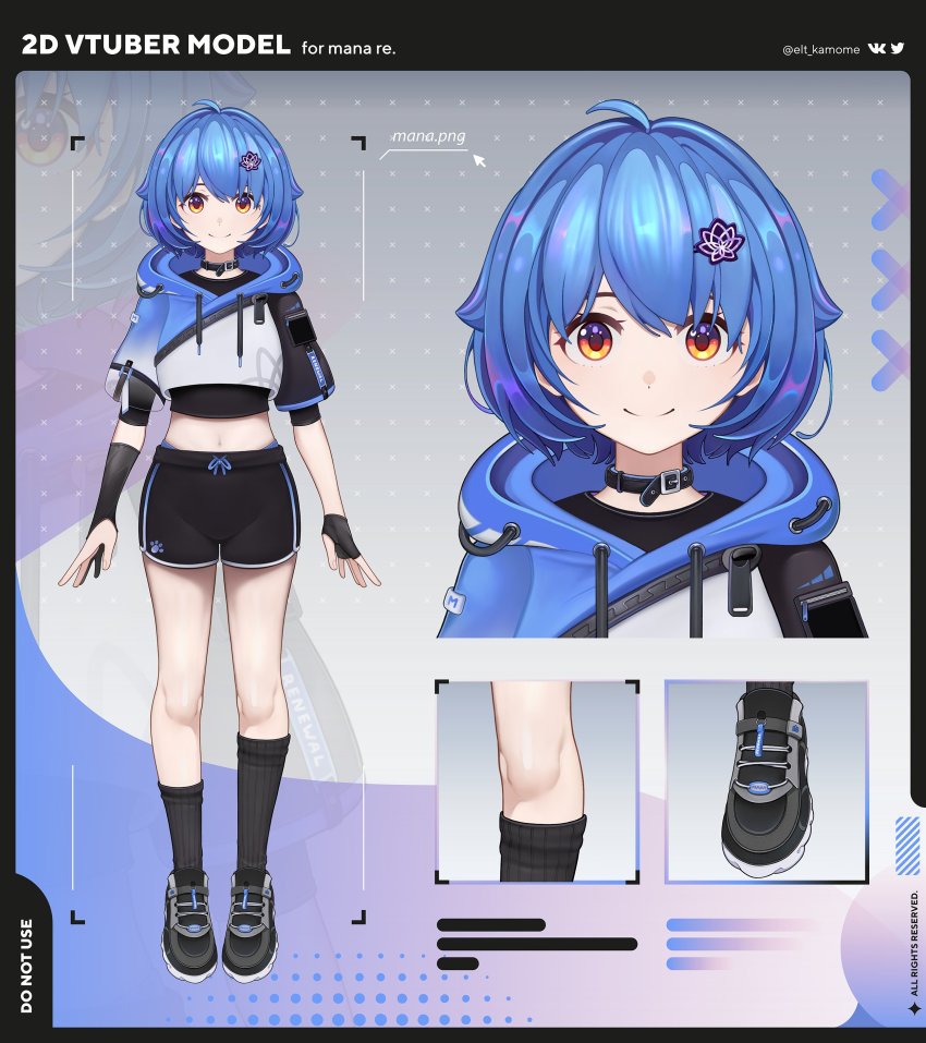 1girl, absurdres, ahoge, artist_name, asymmetrical_gloves, black_choker, black_collar, black_shorts, black_socks, blue_hair, blue_hoodie, blue_panties, character_name, reference_sheet, choker, closed_mouth, collar, commentary_request, cropped_hoodie, cursor, drawstring, elt-reslenn, eyebrows_hidden_by_hair, fingernails, gloves, grey_background, hair_ornament, highres, hood, hood_down, hoodie, kneehighs, knees, looking_at_viewer, loose_socks, mana_renewal, midriff, mismatched_gloves, multiple_views, navel, official_alternate_costume, official_art, orange_eyes, panties, panty_straps, print_hoodie, projected_inset, ribbed_legwear, russian_commentary, shoes, short_hair, short_sleeves, shorts, smile, socks, split_mouth, standing, twitter_logo, underwear, virtual_youtuber, vkontakte_logo, weplanet, white_hoodie, zipper