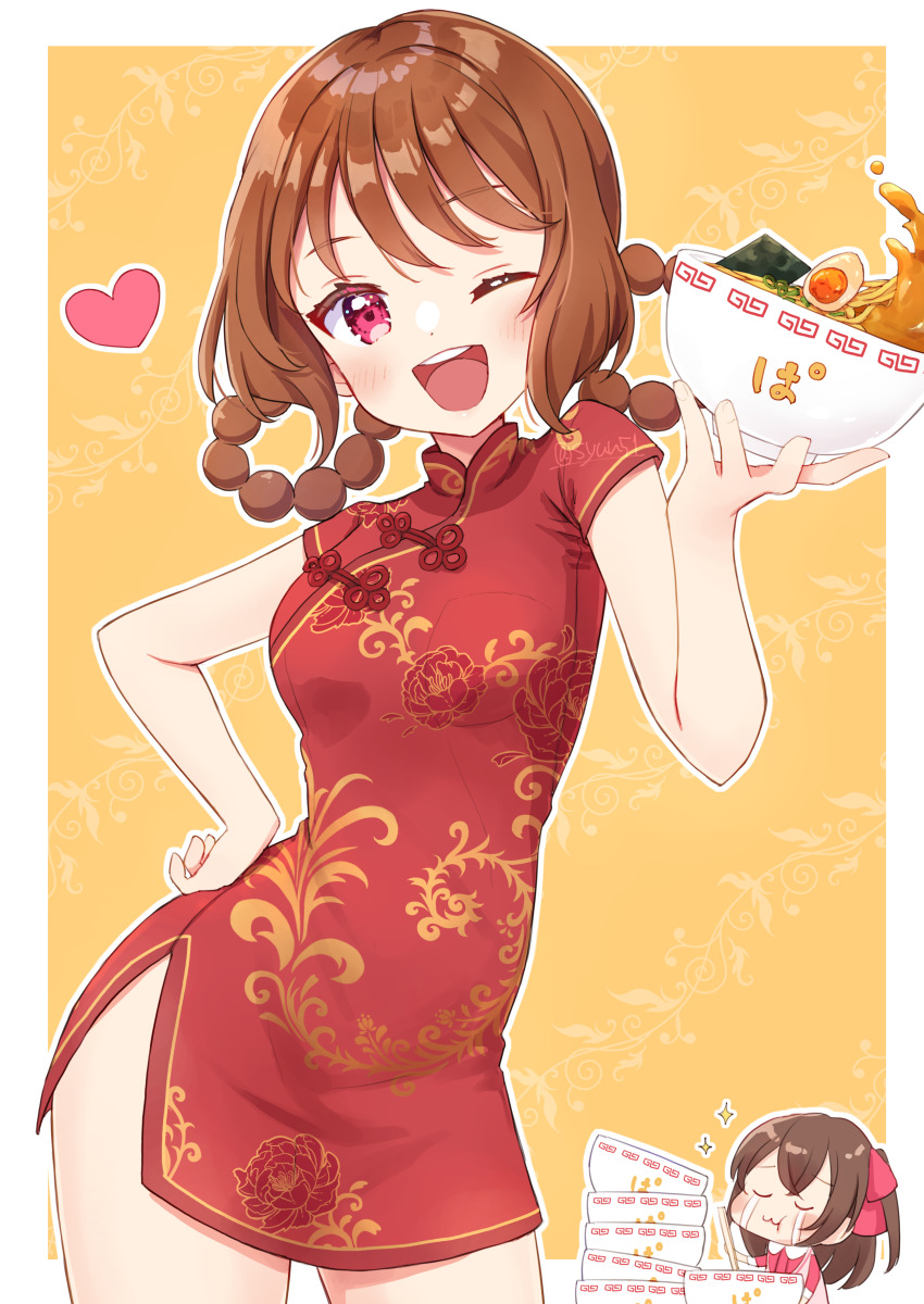 2girls, absurdres, alternate_costume, blush, border, bowl, breasts, brown_hair, china_dress, chinese_clothes, chopsticks, delicious_party_precure, dress, eating, egg_(food), food, hair_rings, hanamichi_ran, hand_on_own_hip, heart, highres, hiiragi_syuu, holding, holding_bowl, holding_chopsticks, in_bowl, in_container, leaf, leaf_background, long_hair, meandros, medium_hair, multiple_girls, nagomi_yui, noodles, nori_(seaweed), one_eye_closed, open_mouth, pink_ribbon, plate, precure, ramen, red_dress, red_eyes, ribbon, small_breasts, smile, soup, tears, white_border, yellow_background
