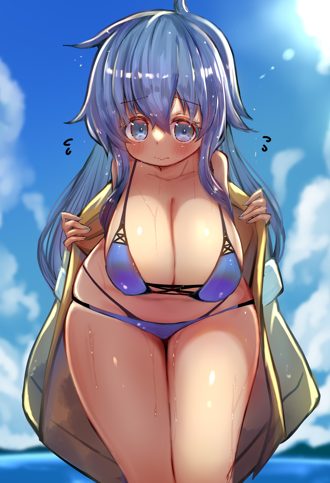 1girl, blue_eyes, blue_hair, blush, breasts, cloud, duel_monster, eria_the_water_charmer