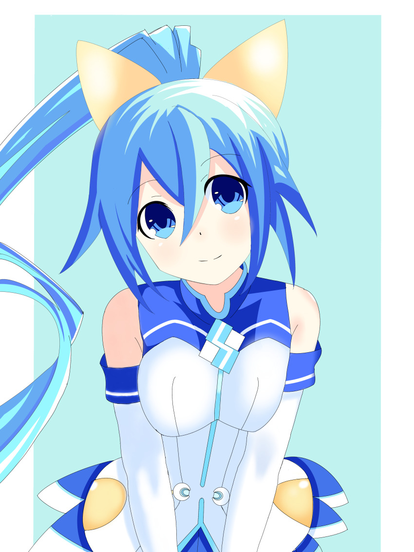 absurdres, bare_shoulders, blue_background, blue_eyes, blue_hair, breasts, choujigen_game_neptune, choujigen_taisen_neptune_vs_sega_hard_girls, collar, compile_heart, dress, highres, idea_factory, long_hair, medium_breasts, neptune_(series), oriya_toki, ponytail, ribbon, sega_hatsumi, skeeves, skirt, smile