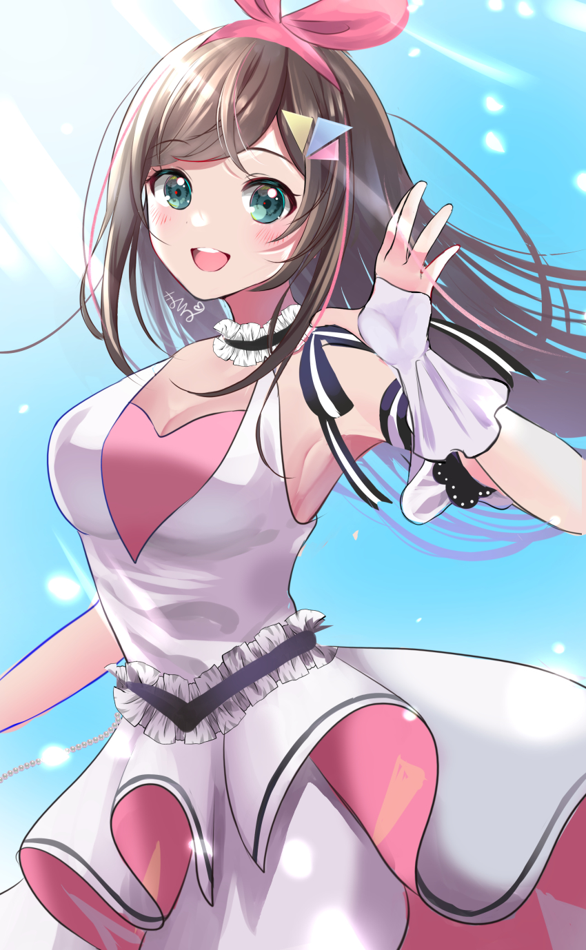 1girl, absurdres, armpits, bare_shoulders, blue_eyes, breasts, brown_hair, dress