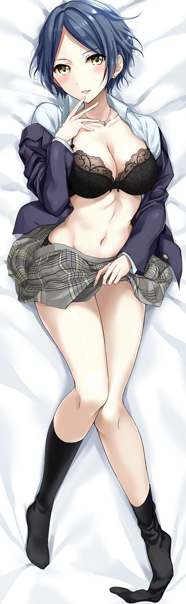 1girl, black_bra, black_panties, blue_hair, bra, clothes_lift, dakimakura_(medium), dark_blue_hair
