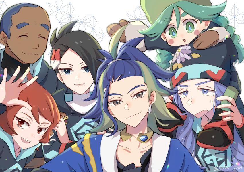 3boys, 3girls, adaman_(pokemon), arezu_(pokemon), arm_up, black_hair, black_shirt, blue_coat