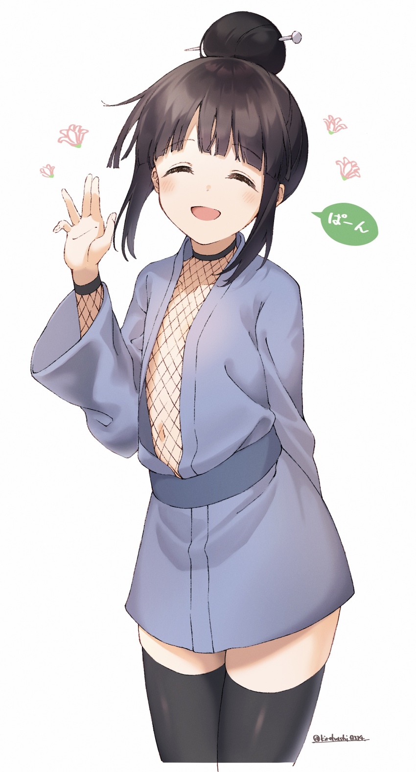 1girl, absurdres, black_eyes, black_hair, black_thighhighs, blunt_bangs, commentary_request, fishnet_sleeves, fishnet_top, fishnets, hair_bun, hair_ornament, hair_stick, highres, japanese_clothes, kimono, koishi_(kiwi0314), kunoichi_tsubaki_no_mune_no_uchi, medium_hair, mokuren_(kunoichi_tsubaki_no_mune_no_uchi), navel, ninja, short_kimono, sidelocks, single_hair_bun, thighhighs