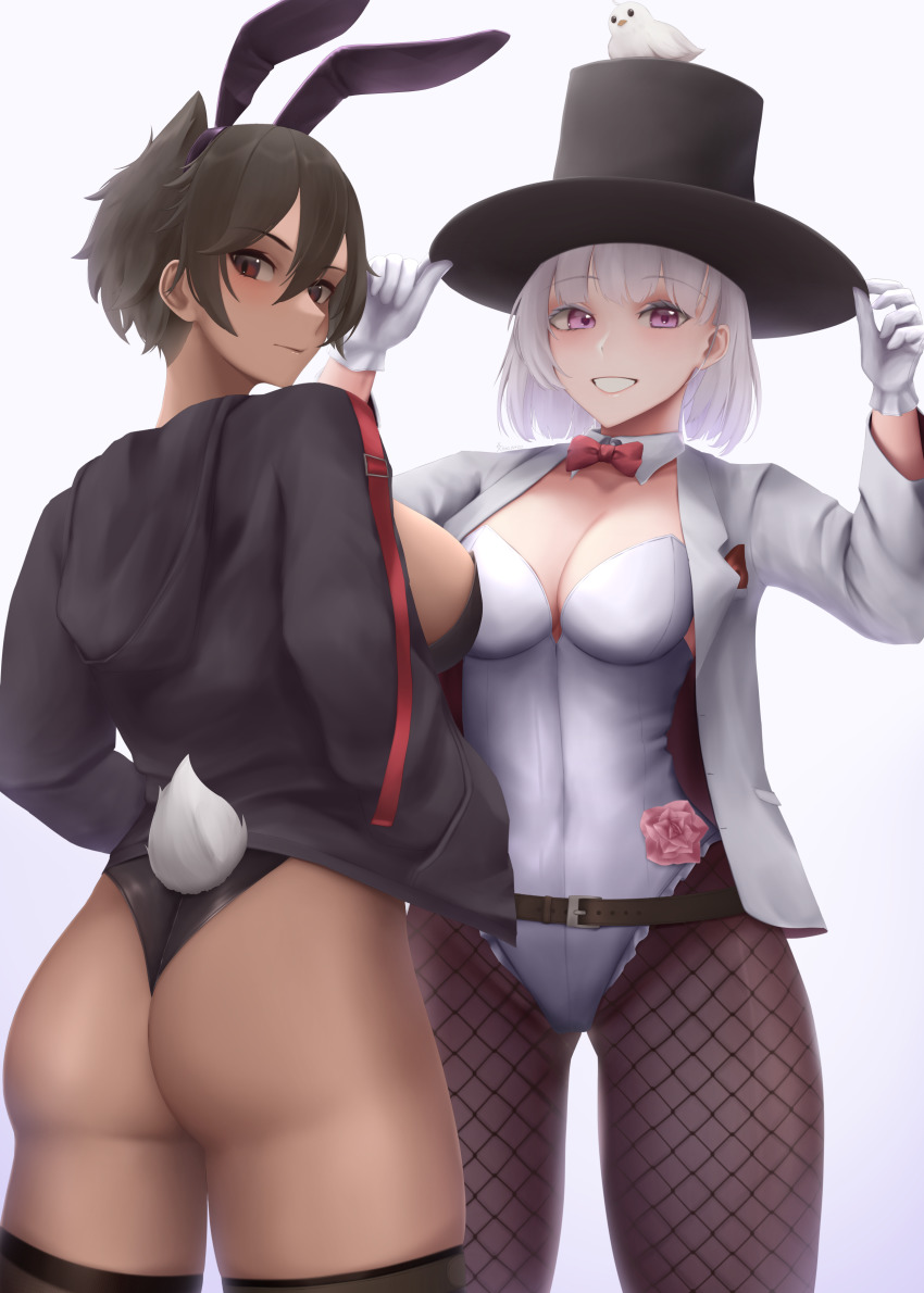 2girls, absurdres, albino, animal, animal_ears, arms_up, ass, belt