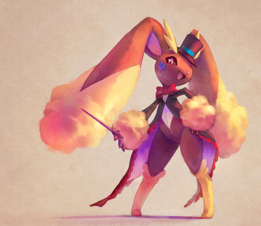 1girl, :3, absurdres, animal_nose, beige_background, black_coat, black_hat, black_sclera, body_fur, bottomless, bow, bowtie, brown_fur, clothed_pokemon, coat, colored_sclera, facial_mark, female_focus, flat_chest, full_body, furry, furry_female, gen_4_pokemon, hand_on_own_hip, happy, hat, highres, holding, holding_wand, koriarredondo, long_sleeves, looking_at_viewer, lopunny, nintendo, open_mouth, pigeon-toed, pink_eyes, pokemon, pokemon_(creature), rabbit_ears, rabbit_girl, red_bow, red_bowtie, shirt, simple_background, smile, solo, standing, star_(symbol), tailcoat, top_hat, two-tone_fur, wand, white_shirt, yellow_fur