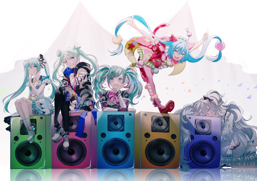 +_+, 25-ji_miku, 5girls, ;), animal_ears, ankle_boots, aqua_eyes, aqua_hair, arm_support, arms_up, back_bow, backlighting, bent_over, black_footwear, black_hoodie, black_legwear, blue_hair, boots, bow, bowtie, bracelet, buttons, cat_ears, cat_tail, checkered_clothes, checkered_dress, clothes_writing, clothing_cutout, constellation, crossed_legs, detached_collar, double-breasted, drawstring, dress, earrings, epaulettes, fang, finger_to_mouth, floor, frilled_dress, frills, full_body, gold_trim, grin, hair_ornament, hair_rings, hairclip, half-closed_eyes, hand_up, hatsune_miku, head_rest, heterochromia, highres, hood, hoodie, hoop_earrings, idol, idol_clothes, index_finger_raised, jewelry, lapels, layered_dress, leaning_to_the_side, legs_together, leo/need_miku, light_blush, light_smile, lineup, long_hair, mismatched_earrings, more_more_jump!_miku, multicolored_hair, multiple_girls, multiple_persona, neck_ribbon, number_earrings, one_eye_closed, paint_splatter, pantyhose, paperclip_hair_ornament, partially_unzipped, pink_hair, pink_ribbon, plaid_clothes, plaid_lapels, platform_footwear, pom_pom_(clothes), pom_pom_hair_ornament, project_sekai, rabb_horn, red_bow, red_bowtie, red_dress, red_footwear, reflection, reflective_floor, ribbon, shadow, shoes, silver_trim, single_wrist_cuff, sitting, smile, sneakers, sparkle_earrings, speaker, splatter_print, star_(symbol), star_cutout, star_hair_ornament, streaked_hair, striped_clothes, striped_dress, studded_bracelet, swept_bangs, tail, thigh_boots, thighhighs, triangle, twintails, vertical-striped_clothes, vertical-striped_dress, very_long_hair, vest, vivid_bad_squad_miku, vocaloid, wavy_hair, white_bow, white_footwear, white_hair, white_vest, wing_collar, wonderlands_x_showtime_miku, wrist_cuffs, zipper