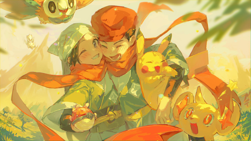 1boy, 1girl, :d, akari_(pokemon), alternate_color, black_shirt, blurry, blush