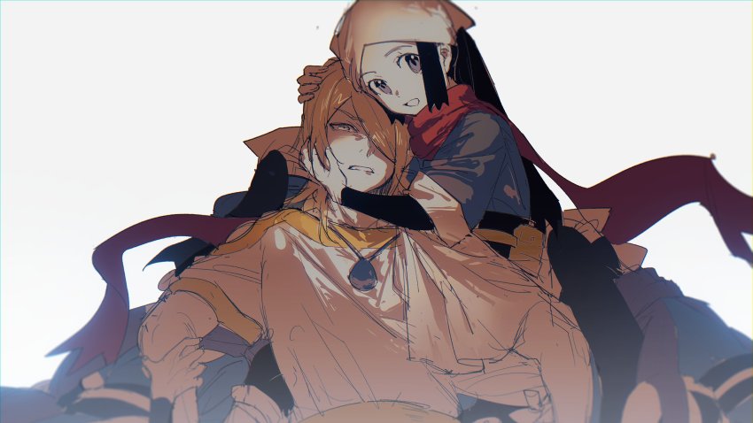 1boy, 3girls, akari_(pokemon), black_hair, black_sash, black_shirt, blonde_hair, commentary_request, eyelashes, frown, grey_eyes, grey_jacket, hair_over_one_eye, headscarf, highres, hug, jacket, jewelry, long_hair, looking_at_viewer, medium_hair, multiple_girls, necklace, nintendo, parted_lips, pokemon, pokemon_legends:_arceus, ponytail, red_scarf, sash, scarf, searmy, shirt, sidelocks, smile, spoilers, volo_(pokemon), white_headscarf