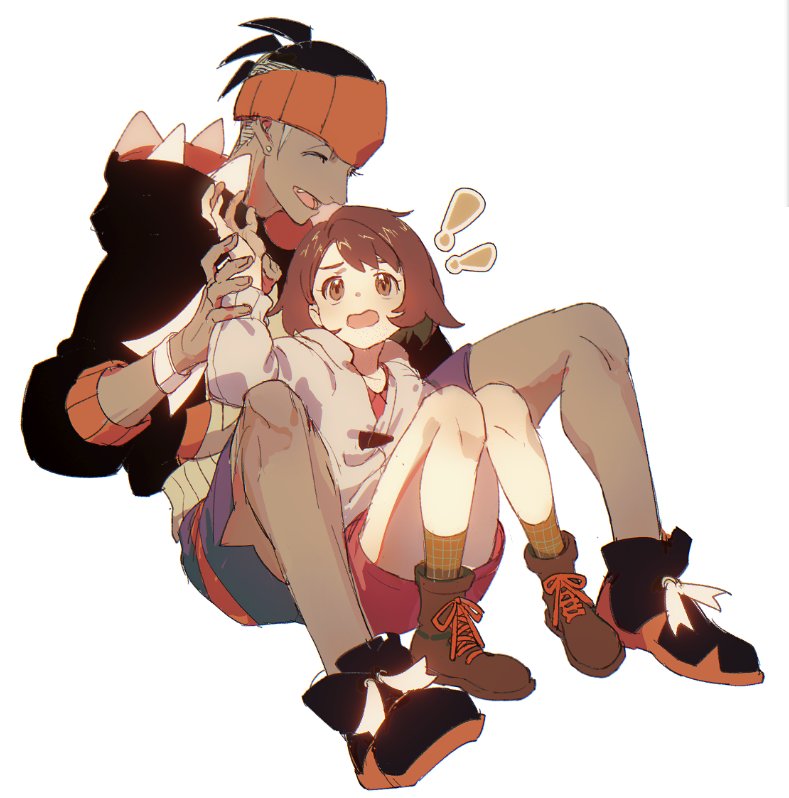 !, !!, 1boy, 1girl, black_footwear, black_hair, black_hoodie, bob_cut