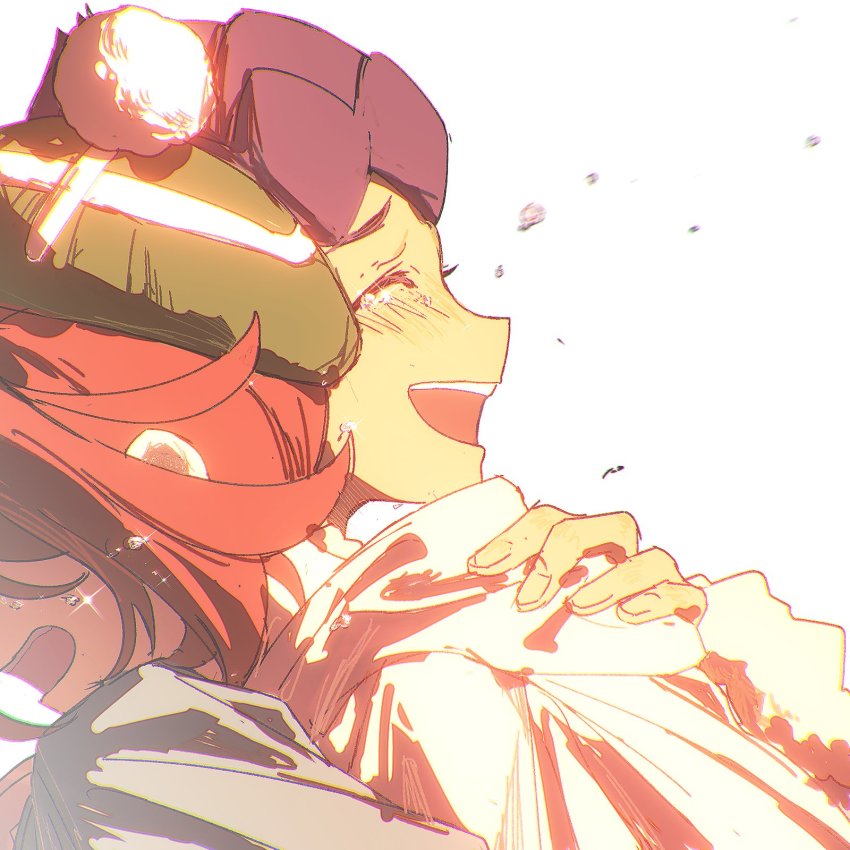 1boy, 1girl, :d, brown_hair, cardigan, closed_eyes, commentary_request, crying