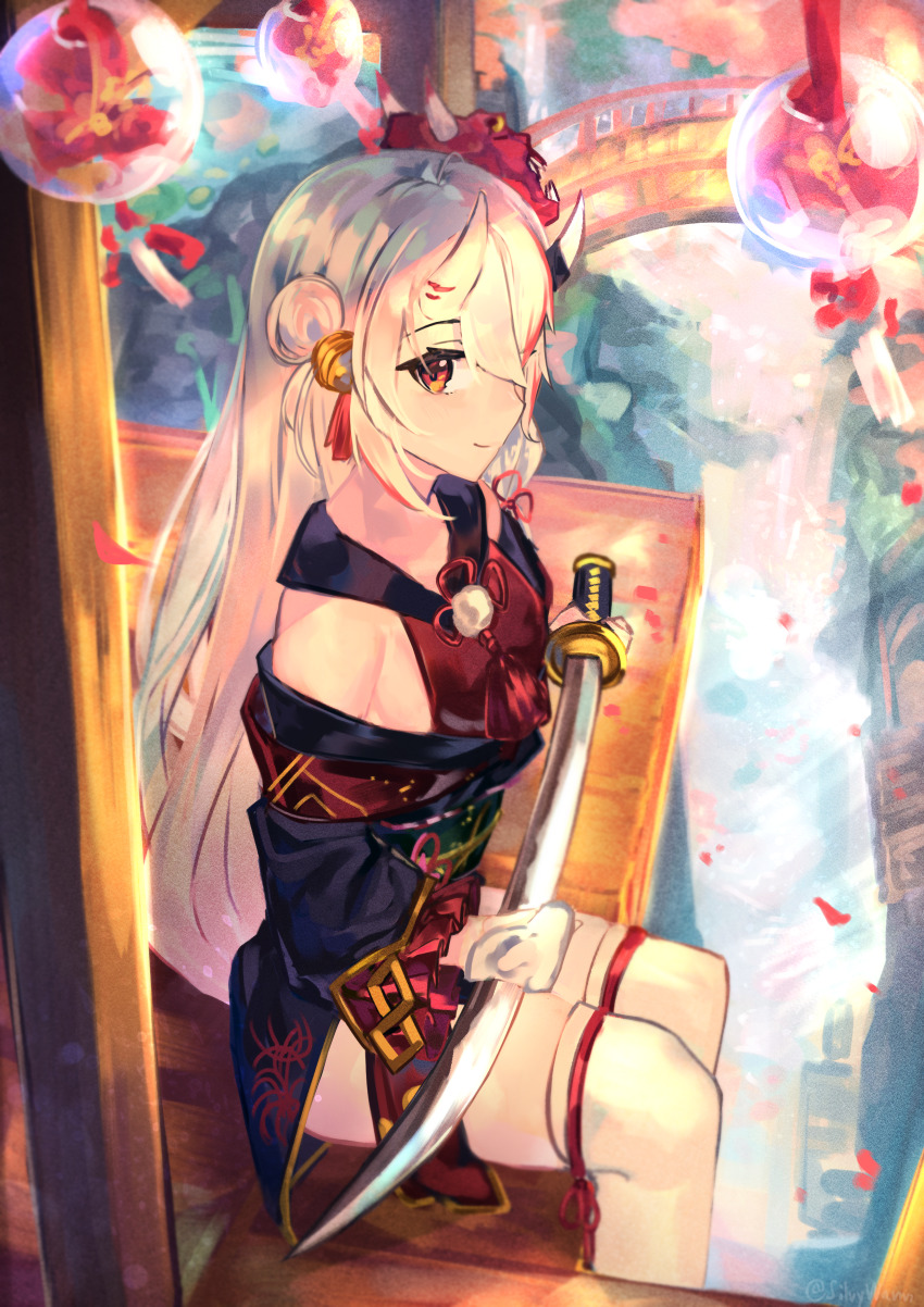 1girl, absurdres, bell, black_kimono, bridge, cleaning, cleaning_sword, cleaning_weapon