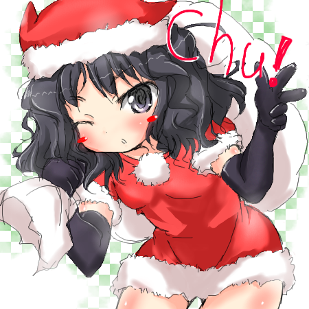 1girl, amagami, blowing_kiss, blush, elbow_gloves, female_focus, gloves, hat