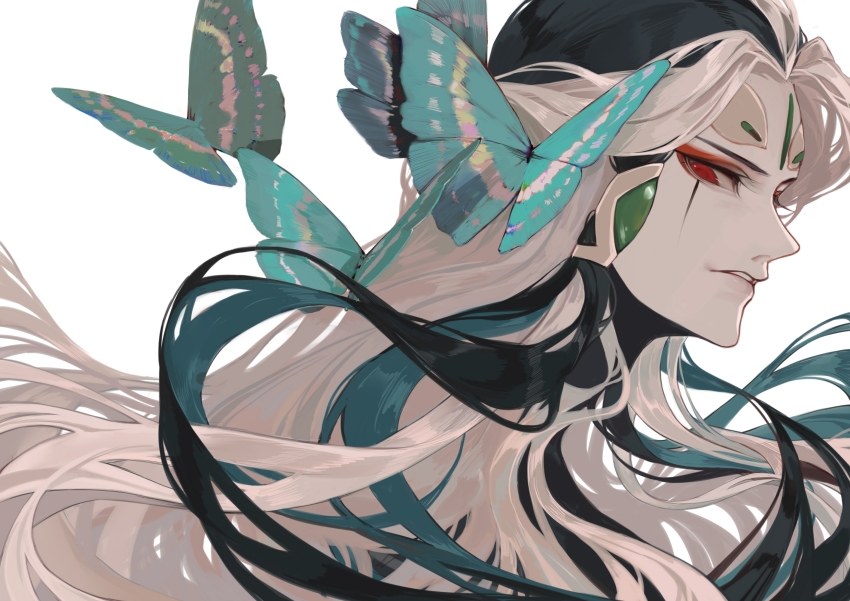 1boy, black_hair, blue_butterfly, blue_hair, bug, burusiji, butterfly, chinese_clothes