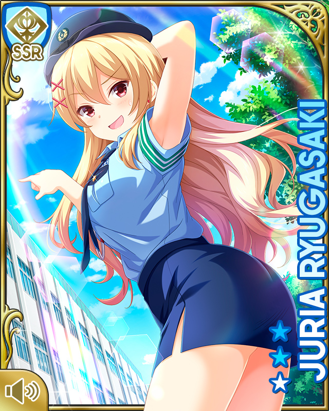1girl, :d, arm_behind_head, ass, blonde_hair, blue_headwear, blue_necktie, blue_shirt, blue_skirt, card_(medium), character_name, girlfriend_(kari), hat, necktie, official_art, open_mouth, outdoors, pointing, police, police_hat, police_uniform, policewoman, qp:flapper, red_eyes, ryugasaki_juria, shirt, skirt, smile, standing, tagme